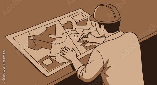 Engineer in hard hat drawing on a technical map or blueprint