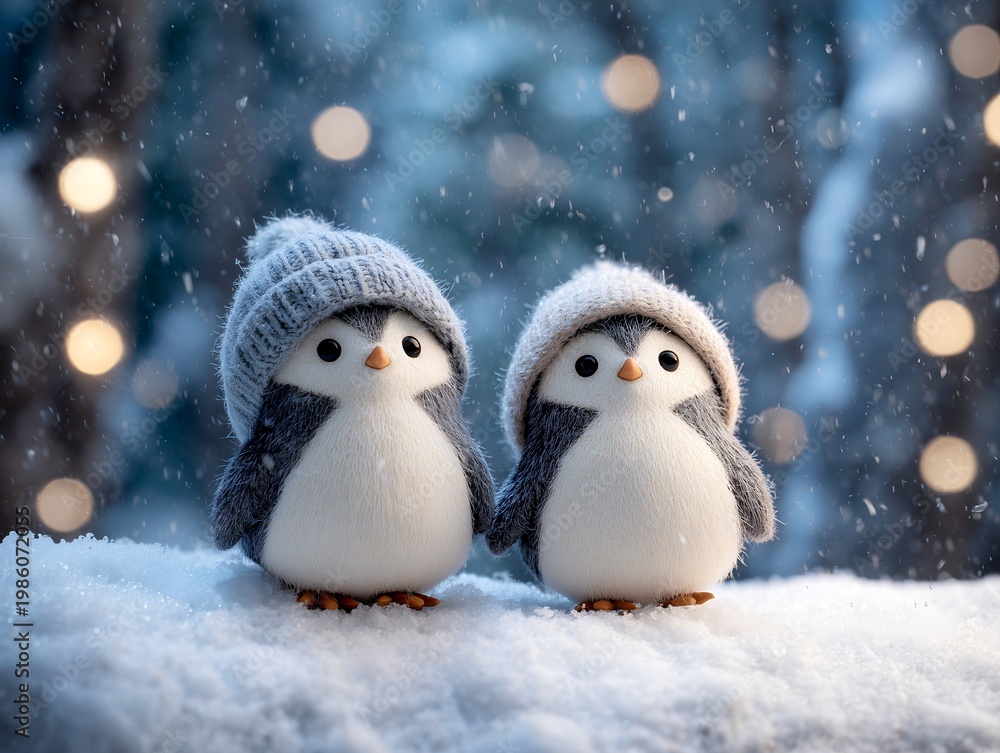 Obraz premium Two cute baby penguins wearing knit hats in a snowy winter forest