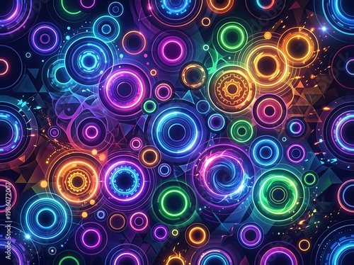 Neon colorful glowing circles and rings in various sizes and colors on a dark geometric background with triangles and shapes  vibrant abstract design