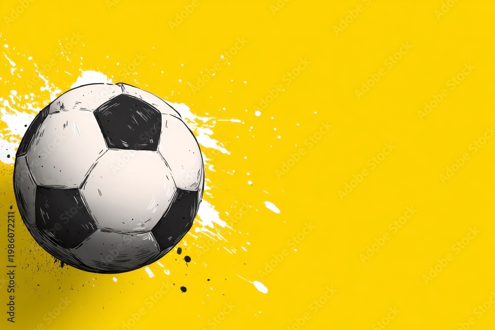 Naklejka premium Black and white soccer ball on bright yellow with white splatters. It represents the World Cup 2026 tournament, celebrating goals and winners across Mexico, USA, and Canada.