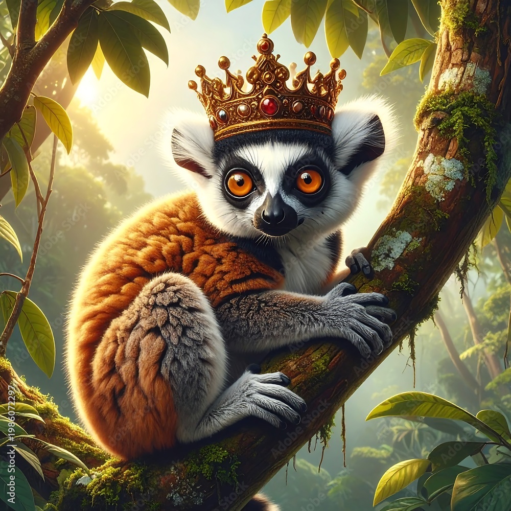 Fototapeta premium Crowned Ringtail Lemur Perched On Jungle Branch In Sunlight.