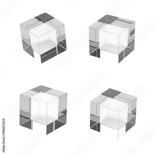 Four transparent glass cube objects.