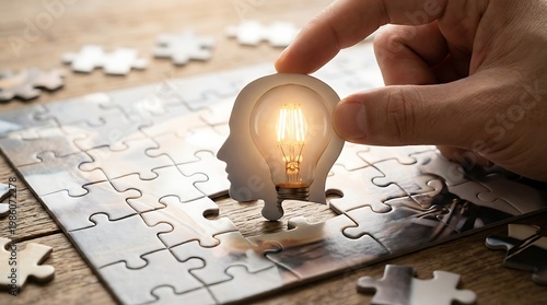 Hand holding light bulb shaped puzzle piece over jigsaw puzzle on wooden table with scattered pieces