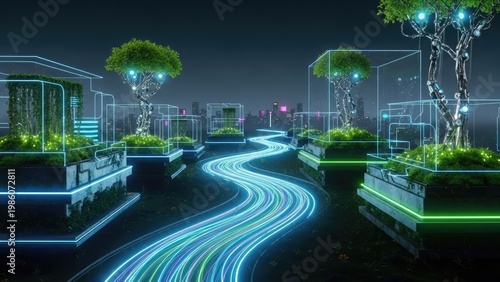 A futuristic cityscape at night with neon lights and trees in planters