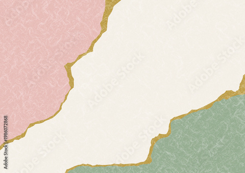 Japanese washi paper background with torn edges and gold foil, soft pink and green color, elegant minimal design