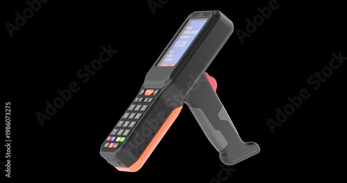 Rugged handheld terminal, rotation animation seamlessly loopable. 3D rendering isolated on transparent background