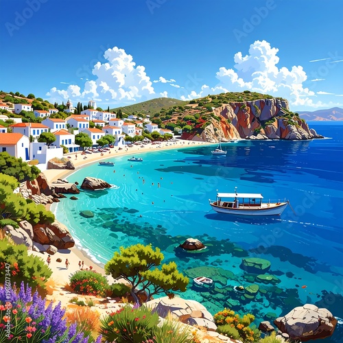 A serene coastal town with a sandy beach and turquoise waters