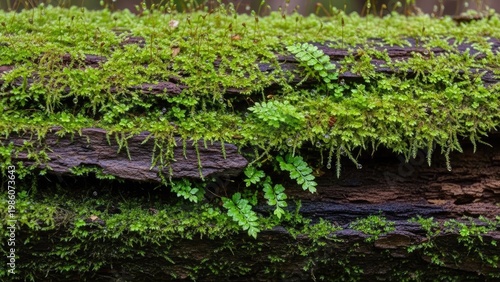 A close-up view of vibrant green moss growing on a dark, weathered log in a serene natural setting.