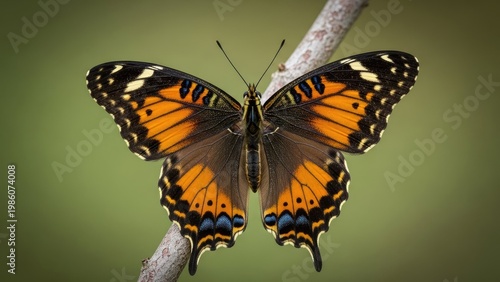 A vibrant butterfly perched on a branch against a green background
