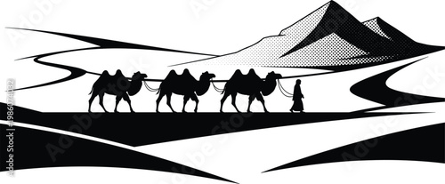 Camel Caravan Silhouette in Desert Landscape with Egyptian Pyramids and Sand Dunes for Middle Eastern Travel Posters and Cultural Heritage Designs