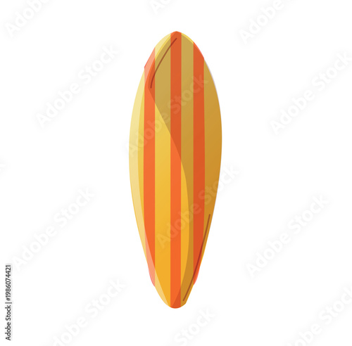 Bright yellow and orange surfboard with stripes placed vertically on a clean surface in a sunny beach setting during daytime