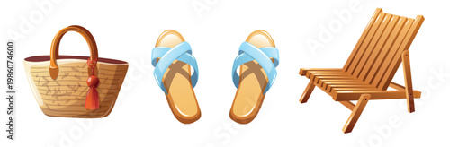 Items for a summer day at the beach with a bag, sandals, and a deck chair for relaxing and enjoying time outdoors