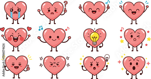 Cute Heart Character Emoji Set with Different Emotions Expressions Love Happy Sad Idea and Celebration Cartoon Icons in Minimal Vector Style