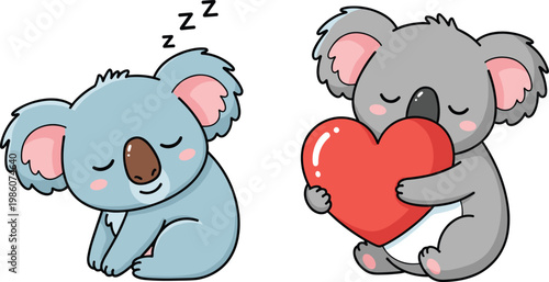 Cute Koala Characters Illustration with Sleeping and Hugging Heart Expressions in Adorable Cartoon Style for Valentine Love and Emotion Design