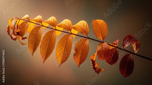 A branch with vibrant orange and red leaves against a warm background