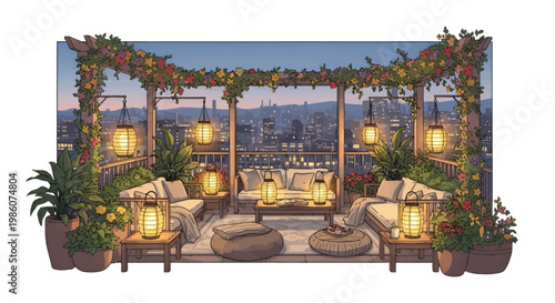 rooftop lounge with flowers and lanterns at dusk