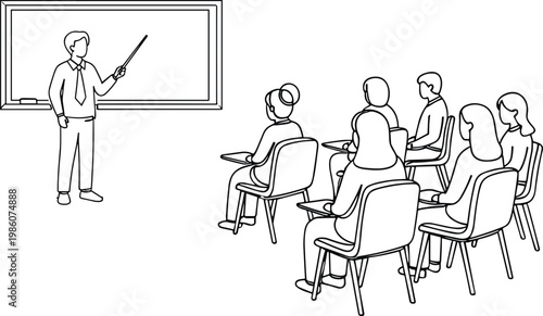 Continuous Line Art Illustration of a Teacher Giving a Presentation to Students in a Classroom Setting for Education, Training, and Academic Learning Concepts