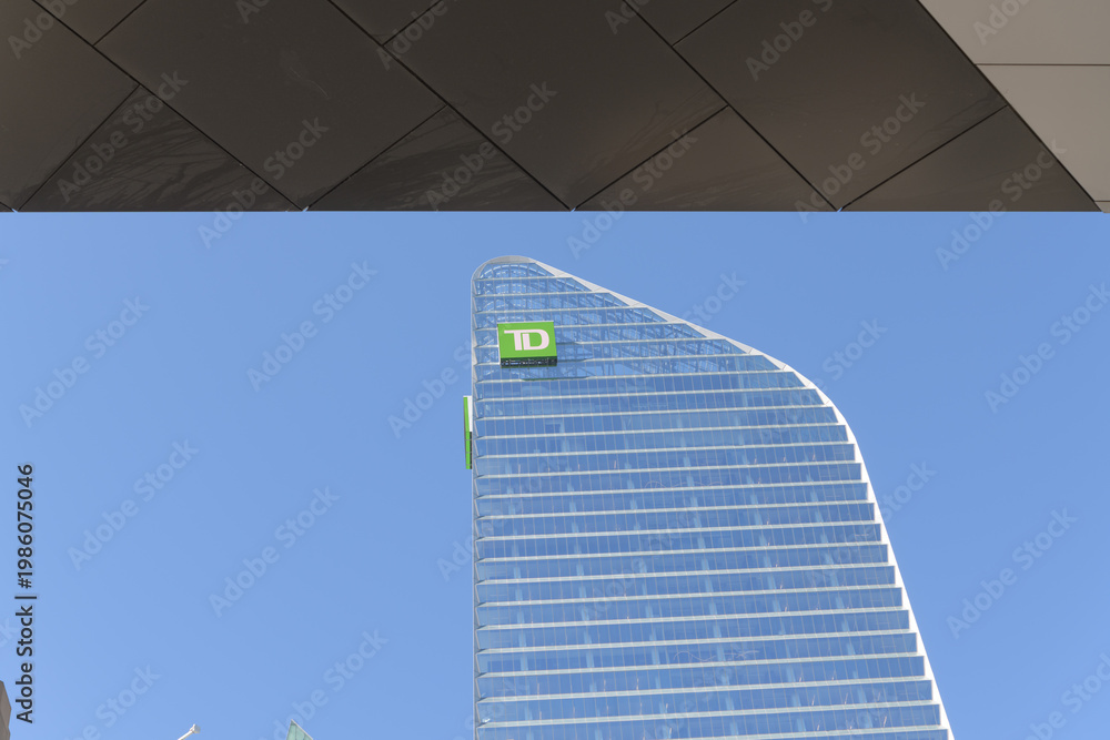 Obraz premium south elevation of TD Terrace, located at 160 Front St W, designed by Adrian Smith & Gordon Gill Architecture, in postmodern/contemporary style, Cadillac Fairview, TD anchor tenant, Toronto