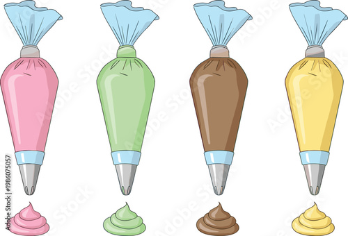 Colored Piping Bags with Cream Frosting Set in Pink Green Chocolate and Vanilla Flavors for Baking and Cake Decoration in Minimal Vector Style