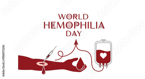 A symbolic vector illustration commemorating World Hemophilia Day features a stylized arm receiving a blood transfusion, connected by a flowing line to a blood bag adorned with a heart, all