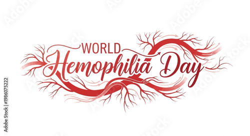 A stylized vector illustration commemorates World Hemophilia Day with elegant lettering and abstract, branching red lines suggesting blood vessels, set against a clean white background