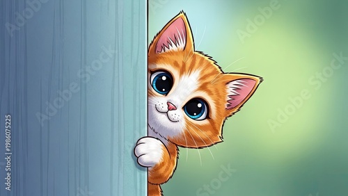 A curious orange and white cartoon cat peeking from behind a blue wall with big eyes