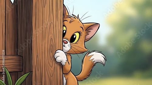A curious cartoon cat peeking around a wooden fence in a natural outdoor setting