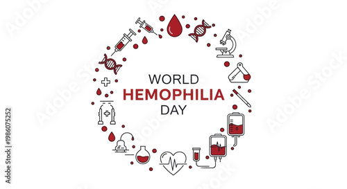 A circular vector illustration commemorates World Hemophilia Day with icons representing medical tools and blood drops, set against a clean white background to promote rare disease