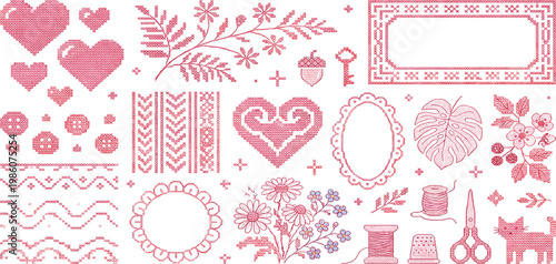 Set of various pink floral and heart-shaped embroidery patterns, cross-stitch designs, and sewing accessories including buttons, needles, and thread spools