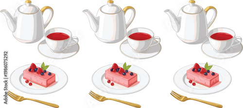 Elegant Tea Time Dessert Set with Teapot Cup of Tea Strawberry Cake Slice and Fork in Repeated Composition Minimal Vector Illustration Style