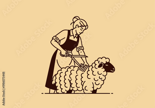 Vintage Line Art Illustration of a Woman Shearing a Sheep for Wool Production - Traditional Agriculture and Handicraft Concept