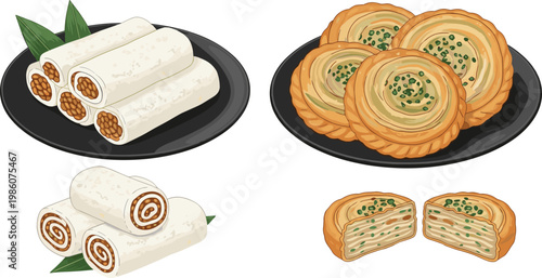 Asian Snack and Pastry Illustration Set with Spring Rolls Stuffed Rolls Layered Pancakes and Savory Baked Treats in Clean Detailed Vector Style
