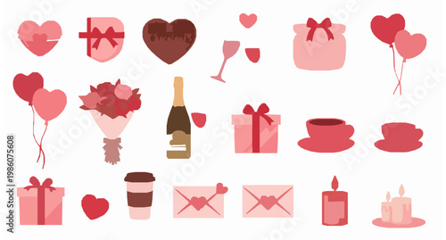 Valentines Day vector set with hearts roses chocolate gifts balloons and romantic love symbols isolated on white