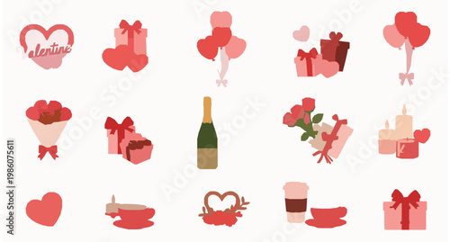 Romantic Valentines Day vector collection with hearts roses champagne gifts and love symbols isolated on white background