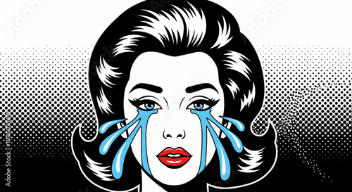 Pop art illustration of a crying woman with black hair and red lips, large blue tears streaming down her face against a halftone background.