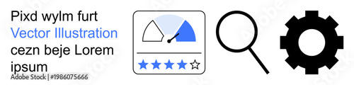 Evaluation metrics, data analysis, process settings, search optimization, quality control, user experience. Rating gauge, magnifying glass gear icon in focus. Evaluation metrics and quality control