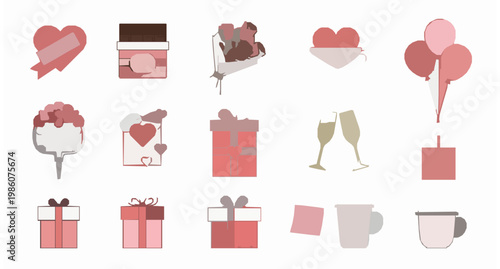 Minimal Valentines Day symbols vector collection hearts roses gifts chocolate and balloons isolated on white