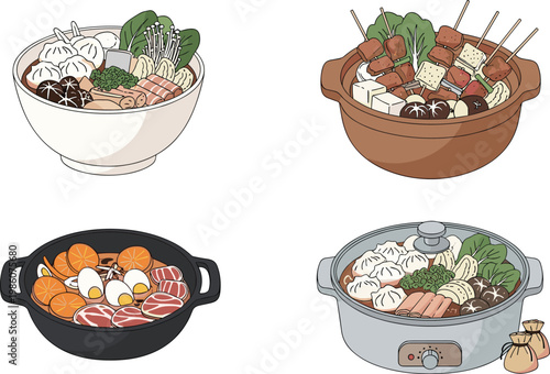Traditional Asian Hot Pot and Noodle Bowls Illustration Set with Meat Vegetables Dumplings and Skewers in Detailed Minimal Vector Style