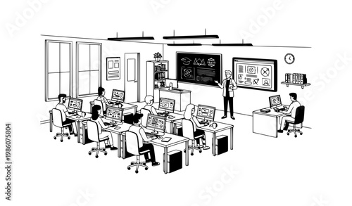 University Computer Class with Students Learning Technology in Modern Lab Black and White Vector Illustration