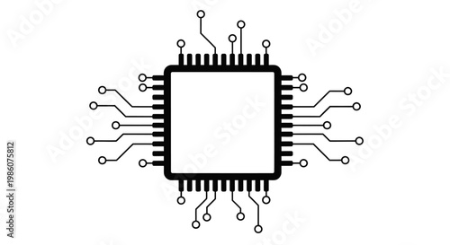 Foto A minimalist black and white vector illustration of a microchip, depicting a central square integrated circuit with multiple pins extending to external connection points