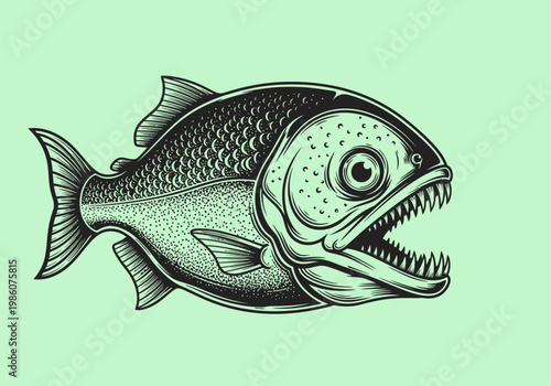 Vintage Piranha Fish Illustration with Sharp Teeth - Retro Woodcut Style Engraving for Logo and Apparel Design