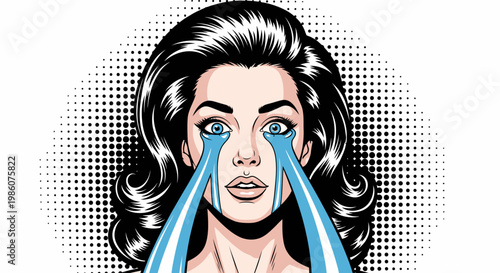 Pop Art Style Woman with Dark Hair Crying Blue Tears Against Halftone Background, Emotional