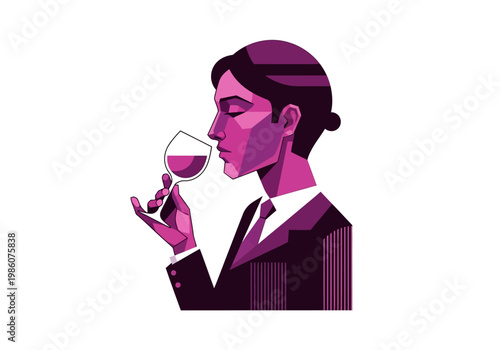 Stylized Sommelier Woman in a Suit Smelling a Glass of Red Wine, Elegant Geometric Vector Illustration in Purple and Magenta Tones on White Background