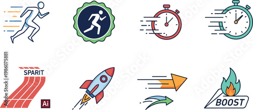 Speed and performance icon set featuring running stopwatch sprint rocket arrows boost and fast motion symbols collection