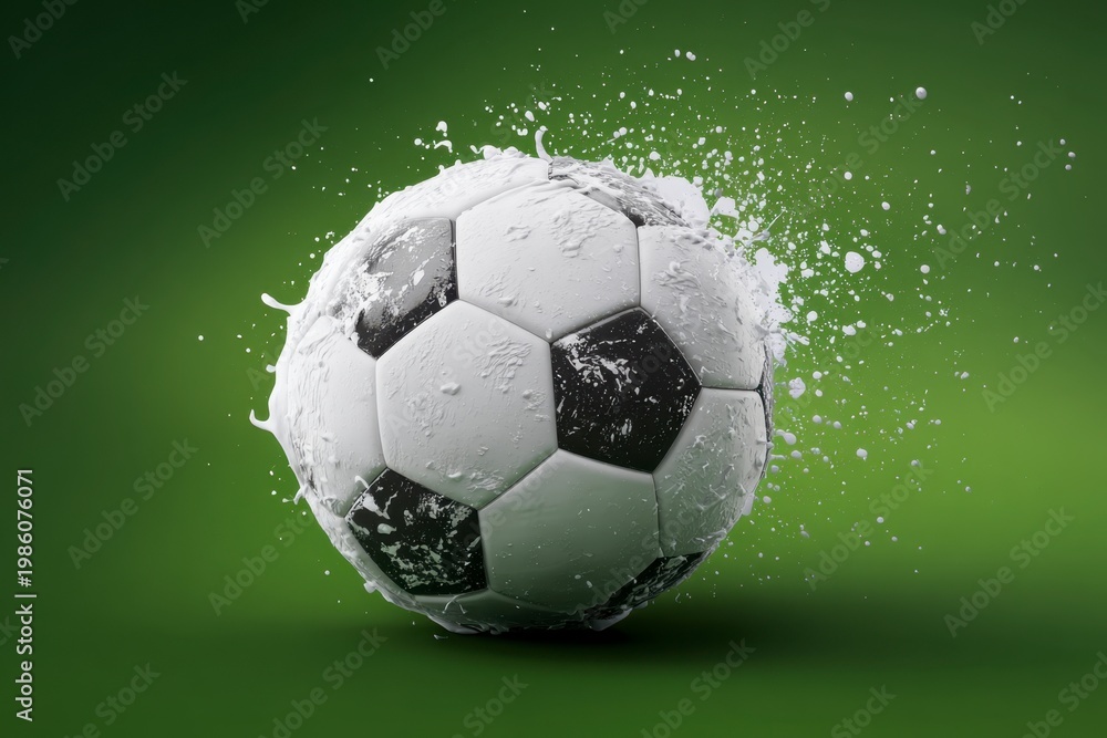 Fototapeta premium A stylized black and white soccer ball on a vibrant green background, accented with energetic white and dark green brushstrokes.