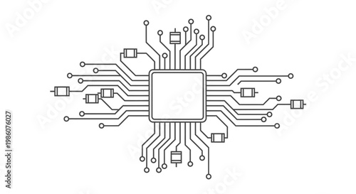 A minimalist line art illustration of a central microchip connected to various components via intricate circuit traces, symbolizing technology and computing.