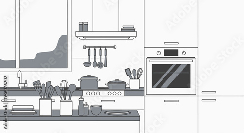 Modern Kitchen Interior with Appliances and Utensils in a Bright Studio Setting