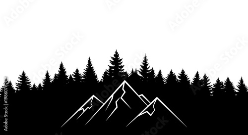 Majestic Mountain and Pine Forest Silhouette Landscape on an Isolated White Background