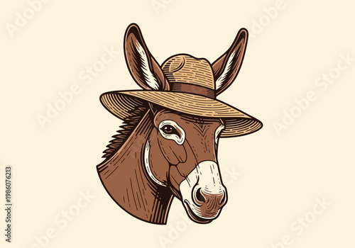 Vintage Donkey Illustration Wearing a Straw Hat - Hand-Drawn Engraving Style Animal Head for Farm and Rustic Brand Logos