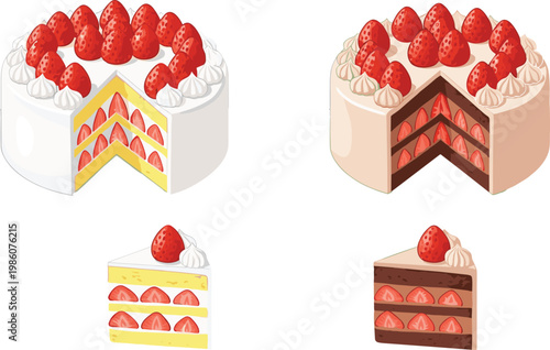 Strawberry Cake Slice and Whole Cake Illustration Set with Cream Layers Chocolate and Vanilla Dessert Designs in Clean Detailed Vector Style
